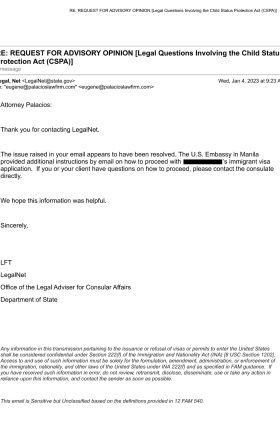 Embassy Approved Application for Recomputation of Age of 23 Year Old Daughter Under the CSPA